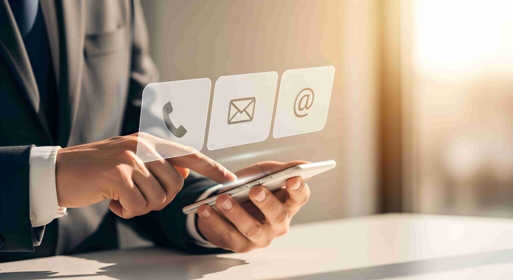 Hands holding a tablet displaying contact icon cards (phone, email, and at-sign) beside a contact options section.