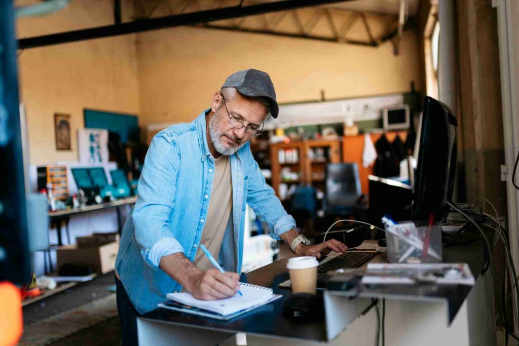 A small business owner leaning over a counter and writing in a notebook.