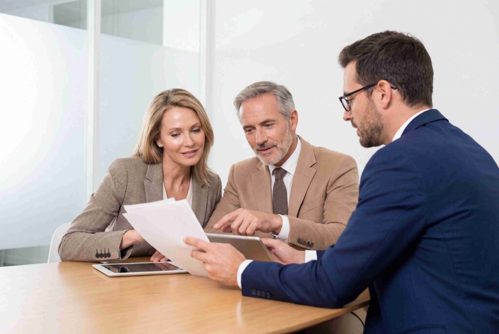 A couple discussing investment strategies and reviewing financial documents with their Oak Street Advisors financial advisor.