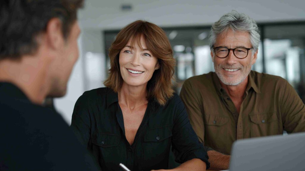 A smiling woman holding a tablet while discussing financial documents with a male colleague at a desk.